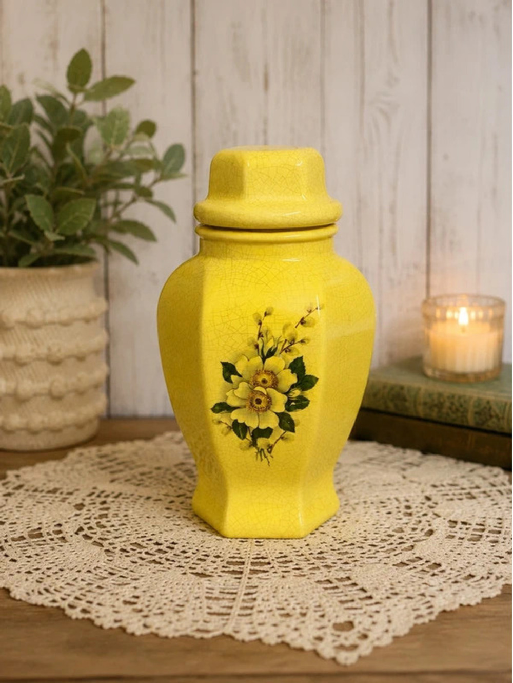 Vintage Yellow Crackle Glaze Covered Ceramic Vase with Lid Floral Decor 10.5”